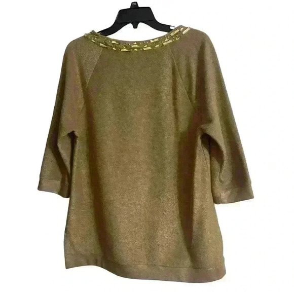 Chico's Gold Metallic Sweater Size 0 Jeweled Neckline 3/4 Sleeve Shimmer Holiday - Picture 4 of 15